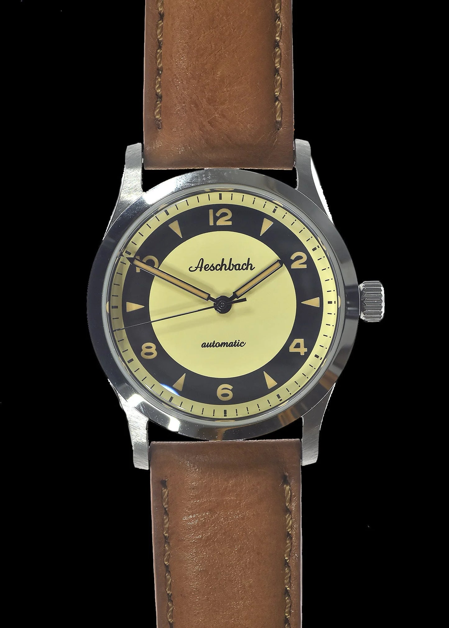 Aeschbach 1957 Premium 25 Juwelen Automatisch Horloge met Retro Wijzerplaat en Kalfsleren band.