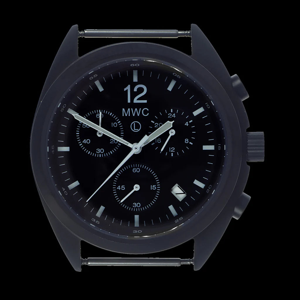 MWC Mechanisch/Quartz Hybride NAVO Patroon Militaire Piloten Chronograaf in niet-reflecterende zwarte PVD afwerking