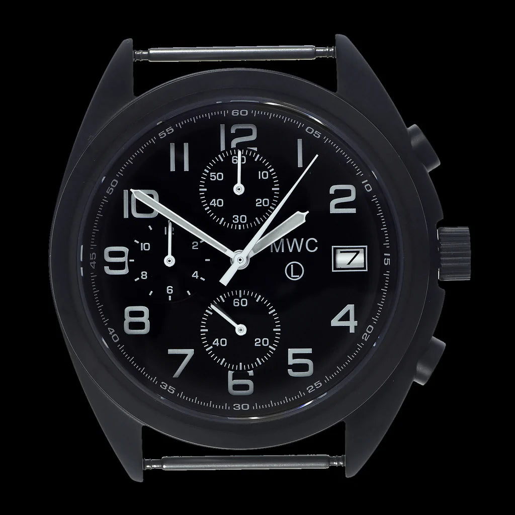 MWC Mechanisch/Quartz Hybride NATO Patroon Militaire Piloten Chronograaf in Niet Reflecterende Zwarte PVD Afwerking met Saffier Kristal