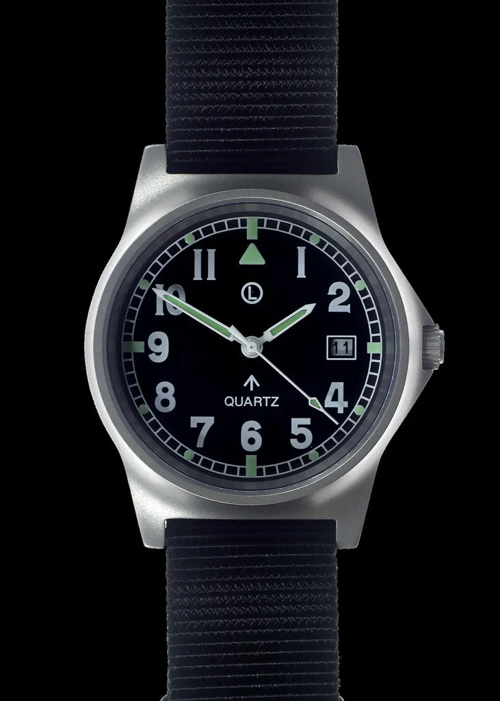 MWC G10 LM roestvrijstalen militair horloge op een zwarte NAVO militaire singelband (gewone graveerbare achterkant)