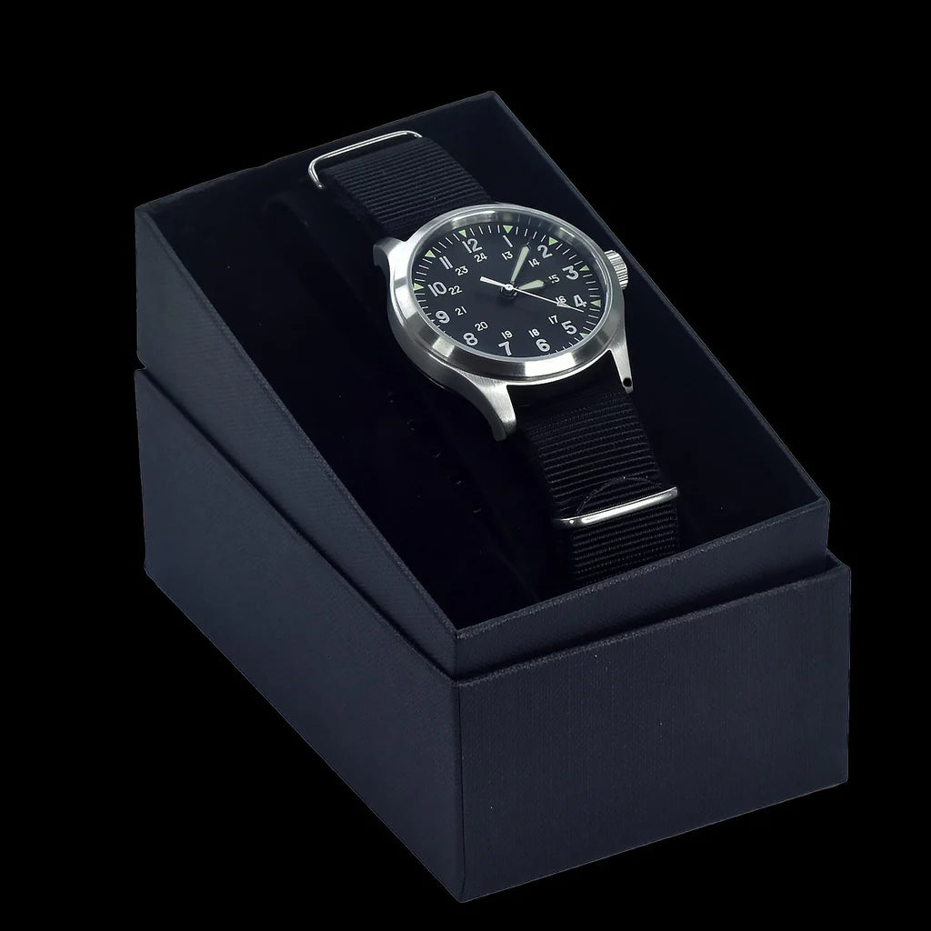 MWC Mk III roestvrij staal, jaren 50-patroon, 100 m waterbestendig, automatisch militair horloge met saffierglas (variant met 12/24-uurs wijzerplaat)
