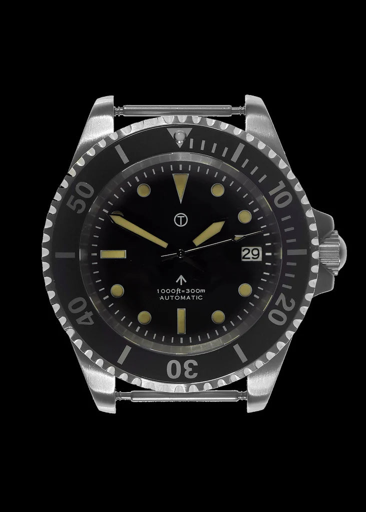 MWC 21 Jewel 1980s patroon 300m automatisch militair duikhorloge met saffierglas en een zwarte en grijze NATO-band