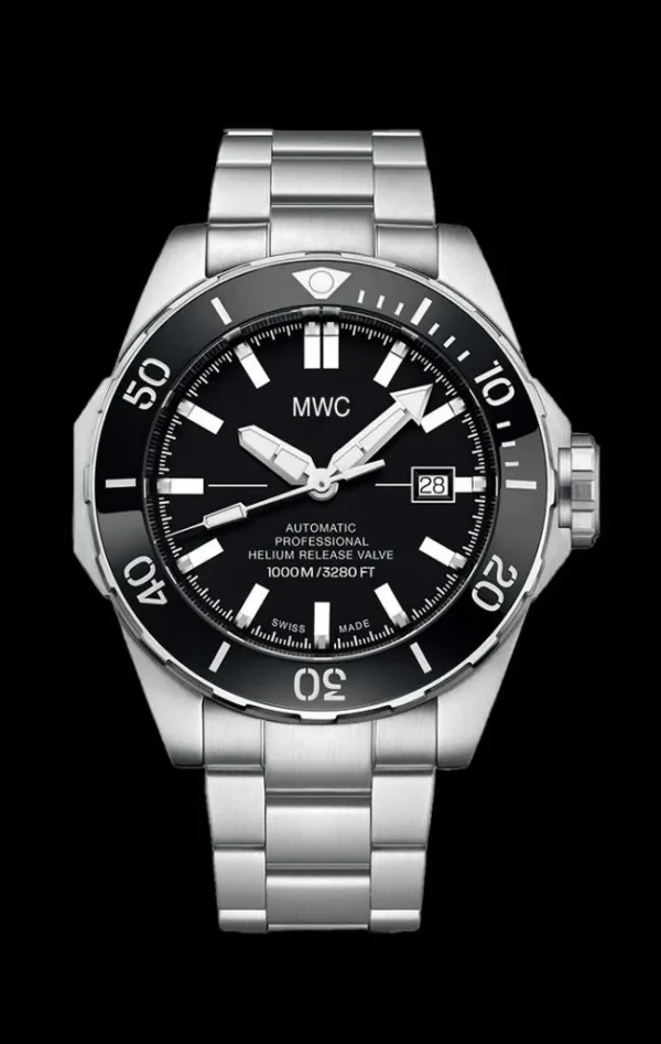 MWC 100ATM / 3.280 ft / 1000 m waterbestendig duikhorloge Roestvrijstalen kast met heliumventiel en bijpassende armband 100% Zwitsers gemaakt met Sellita SW200 26-juwelen automatisch uurwerk