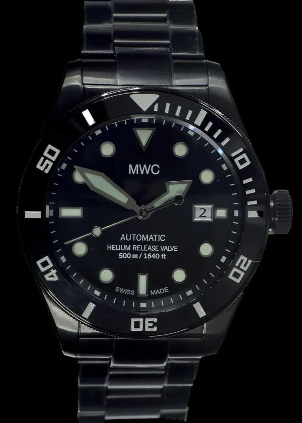 MWC Swiss Made 500m (1640ft) waterbestendig automatisch duikhorloge in zwart PVD roestvrij staal met saffierglas