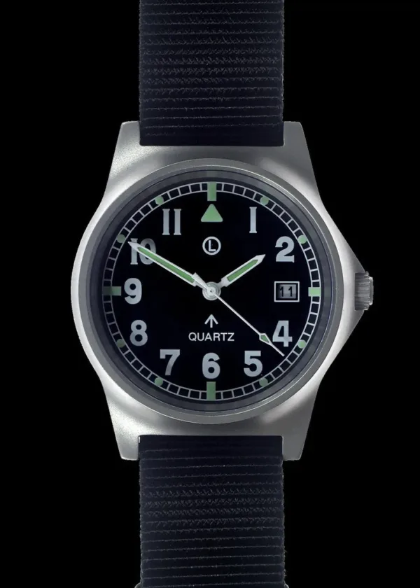 MWC G10 LM roestvrijstalen militair horloge op een zwarte NAVO militaire singelband (gewone graveerbare achterkant)