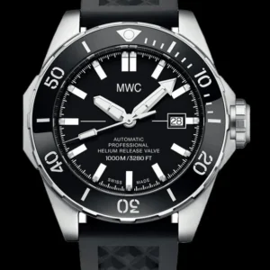 MWC 100atm / 3.280ft / 1000m waterbestendig duikhorloge in roestvrijstalen kast met heliumventiel op siliconen band / 100% Zwitsers gemaakt met een Sellita SW200 26 Jewel automatisch uurwerk
