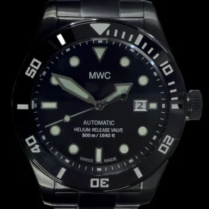 MWC Swiss Made 500m (1640ft) waterbestendig automatisch duikhorloge in zwart PVD roestvrij staal met saffierglas, keramische lunette en heliumventiel