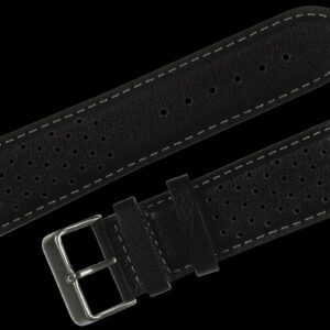 Klassiek 1970s / 1980s Retro Rally Pattern 24mm Black Leather Horloge Strap – Authentiek Militair Design