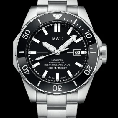 MWC 100ATM / 3.280 ft / 1000 m waterbestendig duikhorloge Roestvrijstalen kast met heliumventiel en bijpassende armband 100% Zwitsers gemaakt met Sellita SW200 26-juwelen automatisch uurwerk