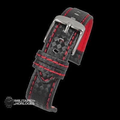 24mm Premium Black Carbon Fibre Horloge Strap with Red Stitc