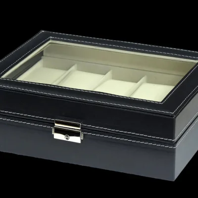 Horloge display case van PU leer voor 10 horloges met een doorzichtig deksel en slot