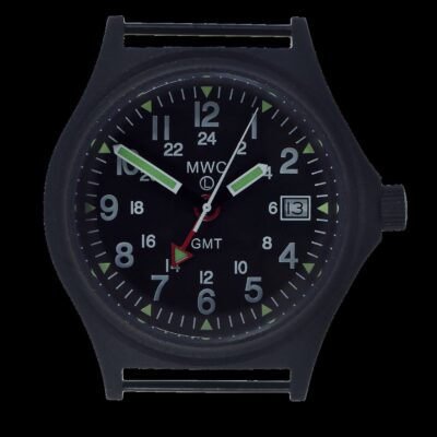 MWC GMT (Dual Time Zone) 100m Water resistant Militair Horloge in Black PVD Steel Case with Screw Crown – Authentiek Militair Design